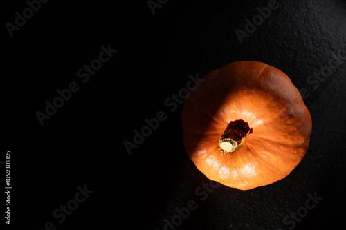 Kürbis auf dunklem Hintergrund. Kürbis im Halbschatten. Nachtschattengwächs