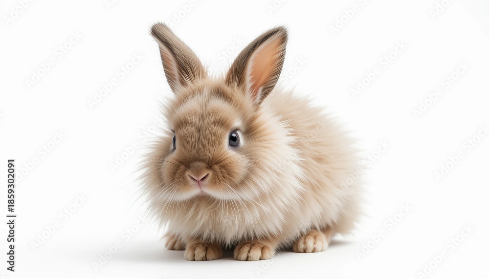 Obraz premium Adorable fluffy brown bunny sitting calmly isolated on a white background