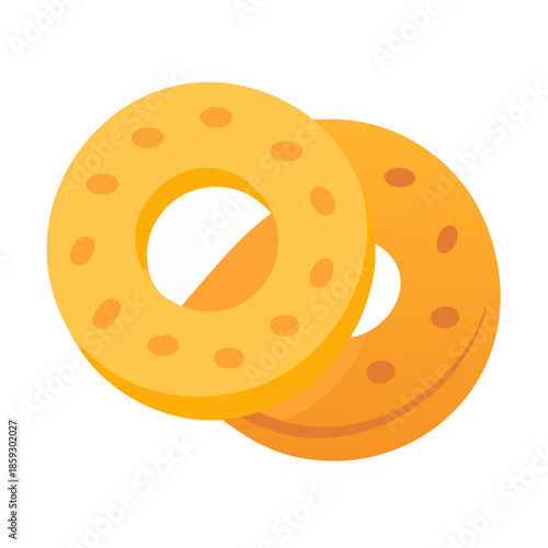 Two ring-shaped snack food pieces in flat style
