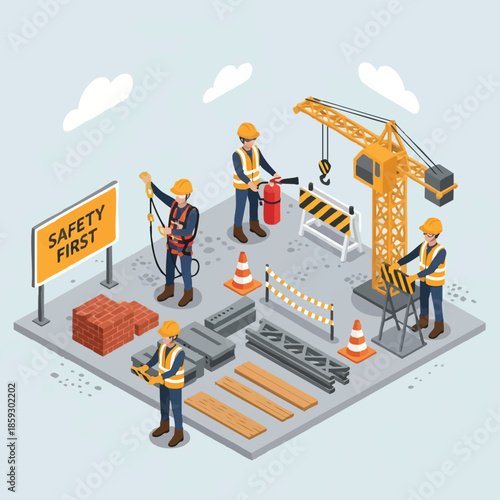 Isometric construction site safety concept with workers, crane, scaffolding, and safety equipment. Emphasizing workplace regulations and protection.