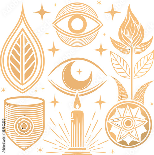 Golden mystical symbols and celestial elements in white background