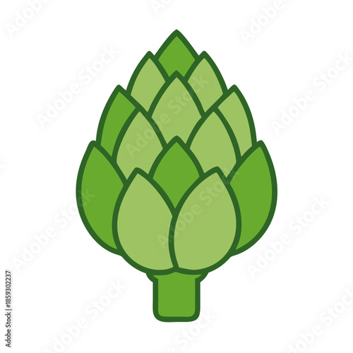 Stylized artichoke in shades of green against black backdrop