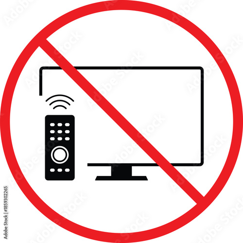 no tv with remote icon.  Education and study area regulation signs. TV and clicker forbidden symbol. Screen and remote prohibited graphic design

