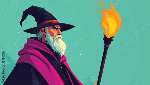 Illustration of a Wizard with a Staff and Pointed Hat.