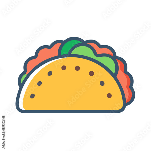Cartoon taco illustration with colorful fillings on white backdrop