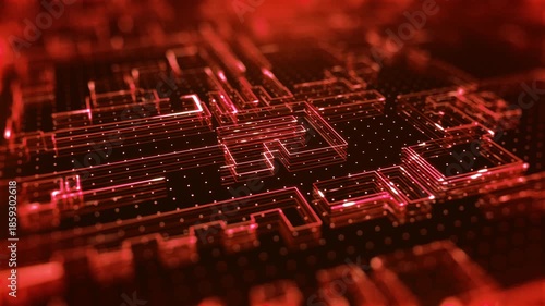 Futuristic abstract circuit board background with glowing grid lines and soft blur, showing subtle rotating perspective motion that settles into a steady static view, creating a clean seamless loop.