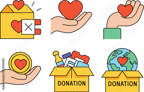 Charity donation icons set with hearts hands boxes and global aid symbols flat vector illustration for humanitarian support