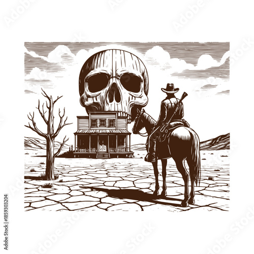Cowboy on horseback approaching abandoned house with giant skull