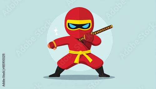 Red Ninja Cartoon Character Ready for Action with Sword.