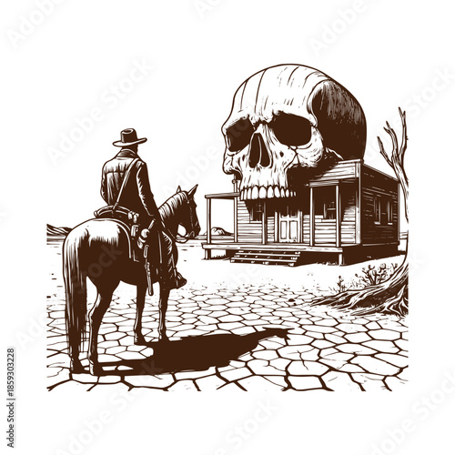 Cowboy on horseback approaching abandoned house with giant skull
