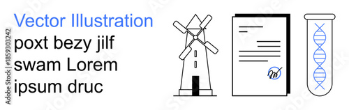 Sustainability, legal contracts, science innovation, renewable energy, biotechnology, environmental conservation. Windmill, signed paper DNA tube. Sustainability and legal contracts concept