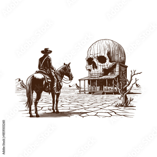 Cowboy on horseback approaching abandoned house with giant skull