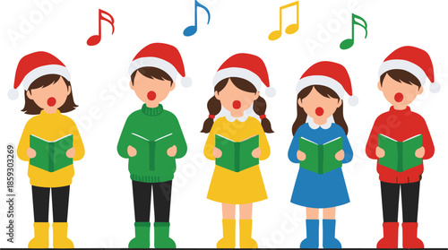 Cute Children Singing Christmas Carols Wearing Santa Hats Festive Choir Vector Illustration