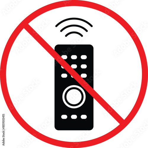 no tv with remote icon.  TV and clicker forbidden symbol. Screen and remote prohibited graphic design. Education and study area regulation signs
