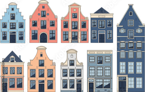 Colorful European townhouse building facades illustration set with classic residential architecture in flat vector style urban design