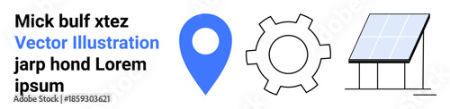 Blue geolocation pin, mechanical gear, and solar panel symbolize technology, clean energy themes. Ideal for sustainability, engineering, innovation, futuristic concepts, geography eco-tech simple