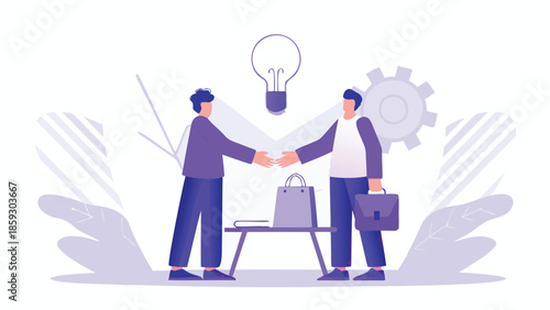 Two businessmen shaking hands over a table with briefcase and bag, lightbulb and gear in background, representing partnership and innovation