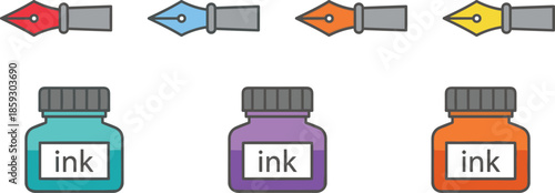 Colorful fountain pen nibs and ink bottles icon set for calligraphy writing stationery vector illustration design creative tools collection