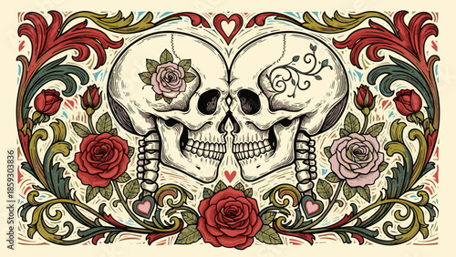 Skeleton and skull Valentine, Cute Doodle Cartoon Line Art Vector Clipart lino cut engraving illustration
