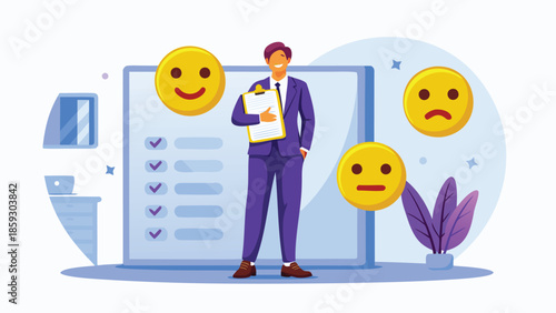 Confident businessman standing in front of large smartphone with checklist on screen and various emojis representing different emotions