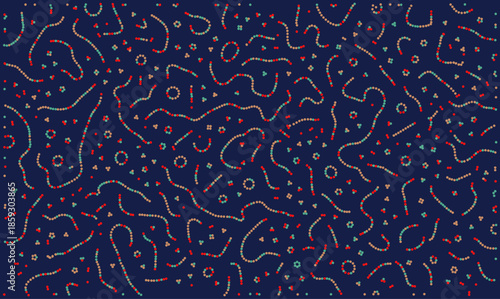 Abstract biology vector background with colorful dot chains resembling DNA strands or bacteria. Scientific texture for medical research and biotechnology presentation covers with dark blue backdrop.
