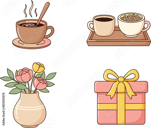 Cozy morning scene with steaming coffee cup, breakfast tray of coffee and cereal, fresh vase of flowers, and wrapped gift box