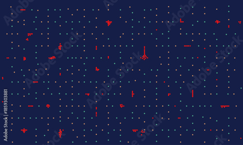 Abstract digital technology vector background with a grid of dots and red clusters representing cyber security anomalies, big data algorithms, and biotechnology research simulations in a dark matrix.