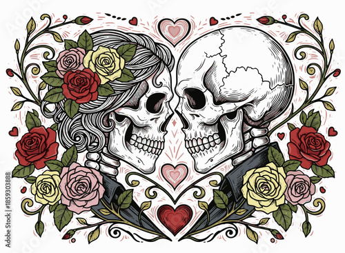 Skeleton and skull Valentine, Cute Doodle Cartoon Line Art Vector Clipart lino cut engraving illustration
