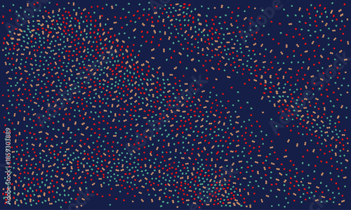 Vector abstract dark blue background with scattered red and teal dots. Festive confetti texture and chaotic particles dispersion. Digital grain pattern and big data visualization concept design.