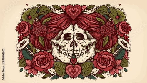 Skeleton and skull Valentine, Cute Doodle Cartoon Line Art Vector Clipart lino cut engraving illustration
