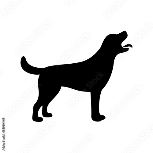Black silhouette of a dog standing with its tongue hanging out.