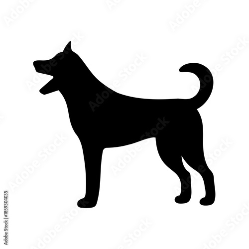 Solid black silhouette of a barking or panting canine standing still