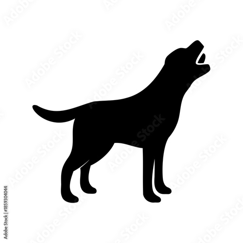 Silhouette of a howling dog with head raised on a white background