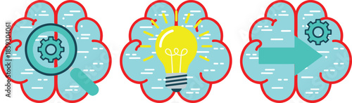 Creative brain icons set illustrating analysis idea generation and problem solving with gear magnifier arrow and light bulb flat vector design