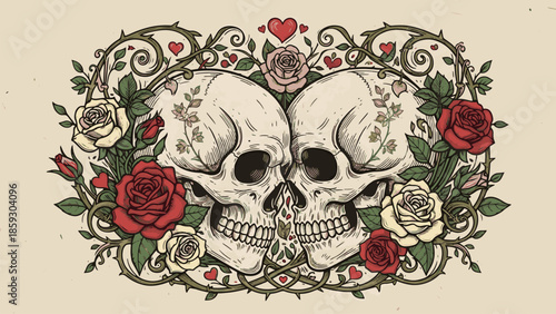Skeleton and skull Valentine, Cute Doodle Cartoon Line Art Vector Clipart lino cut engraving illustration
