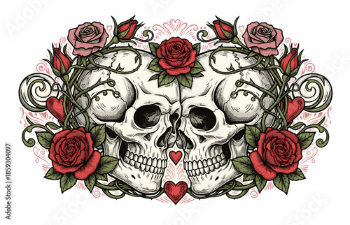 Skeleton and skull Valentine, Cute Doodle Cartoon Line Art Vector Clipart lino cut engraving illustration
