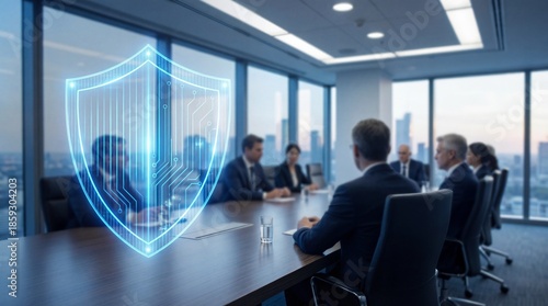 A modern conference room setting is overlaid with a glowing blue digital shield symbolizing data security and protection during business meetings