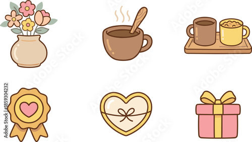 Wallpaper Mural Cute hand drawn cozy icons set with coffee cup, breakfast tray, flowers vase, gift box, heart cookie, and love badge Torontodigital.ca