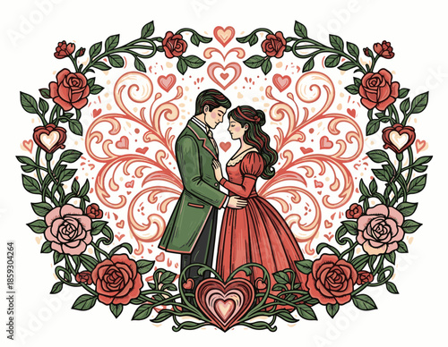 Romantic valentine couple illustration, vintage handrawn and engraving colorful style
