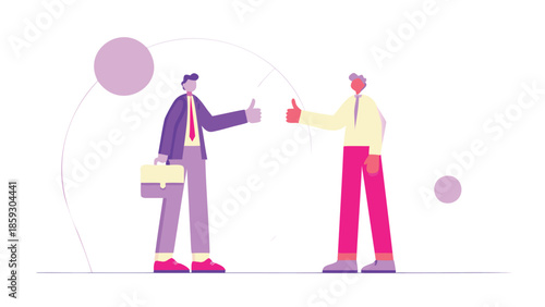 Two people giving confident thumbs up to each other in modern business attire with briefcase