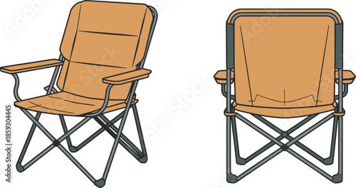 Foldable camping chair illustration showing front and back views outdoor furniture design for travel picnic hiking vector artwork