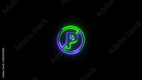 Neon No Parking Animation, Neon glowing no parking sign in round shape animation on black background.