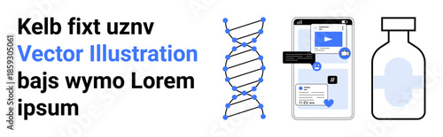 Genetic research, social media technology, healthcare innovation, pharmaceutical science, digital communication, biotech. DNA helix, smartphone showing chat interface medicine bottle. Genetic