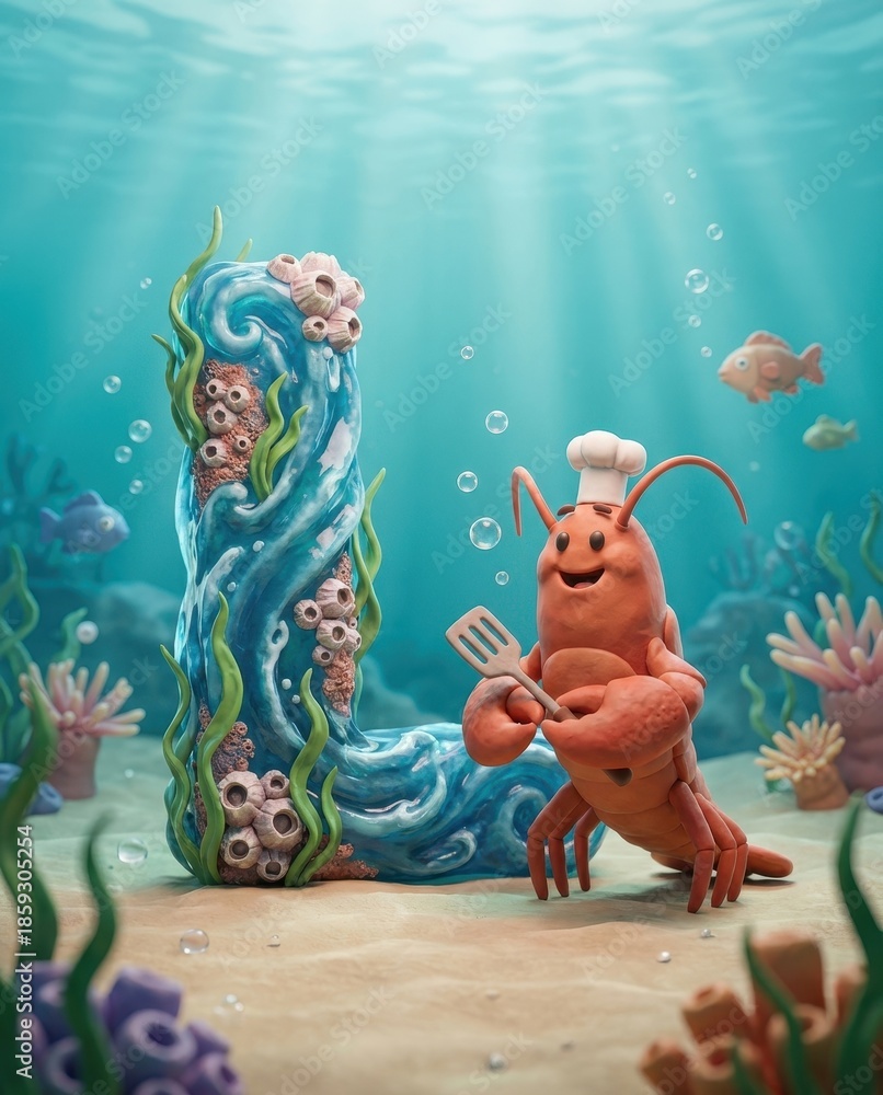 Fototapeta premium Lobster chef creates seafood art underwater.