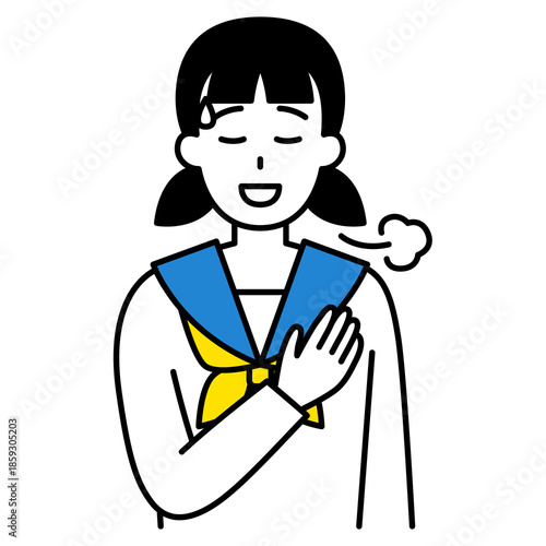 胸に手を当ててホッとする女子学生