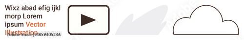 Video streaming, digital media, content production, cloud storage, data access, user interface design. Play button next to abstract shadow and minimalist cloud outline. Video streaming and digital
