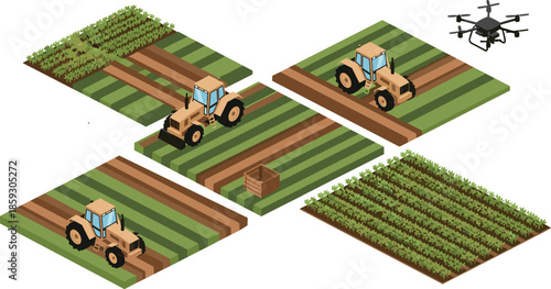 Isometric farming illustration showing tractors working cultivated fields with crop plots, harvest box, and agricultural drone for modern smart agriculture