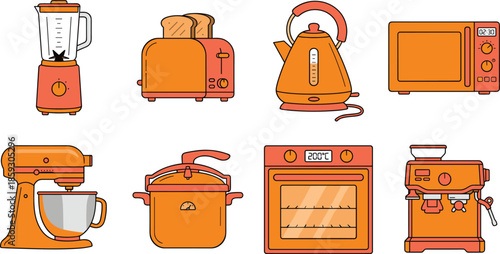 Kitchen appliances icon set featuring blender toaster kettle microwave oven mixer and coffee machine in flat vector illustration style