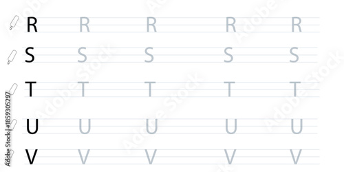 Alphabet handwriting practice sheet for letters r to v