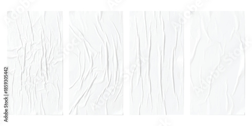 Four different crumpled white paper textures background isolated on white